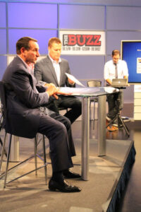 WRAL-TV's Jeff Gravley (center) & 99.9 The Fan's Joe Ovies (right) host the Q&A session with Duke Men's Basketball Coach Mike Krzyzewski on the third CBC ‘Fan Town Hall’ on July 2, 2015.