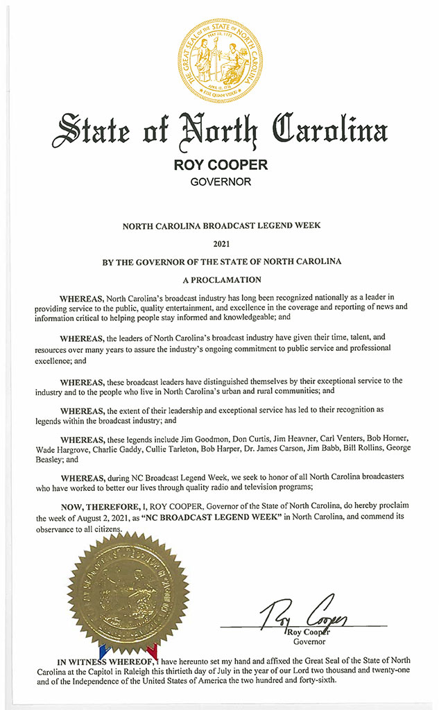 NC Broadcast Legend Week Proclamation